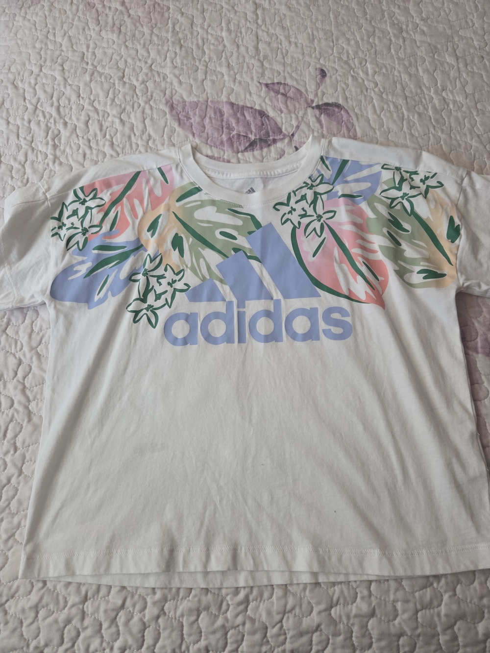 adidas Girls' White Floral Logo Tee
